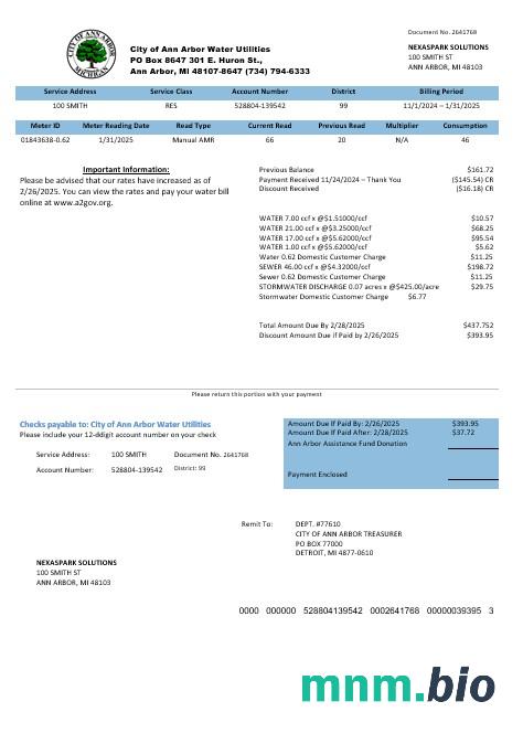 USA Michigan City of Ann Arbor Water Utilities rachunek za usługi komunalne szablon w formacie Word i PDF
